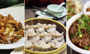 Meals, Beijing, Chinatravel, Left panel: plate of glossy kung pao chicken with onions and green peppers in a brown sauce. Middle panel: steamed dumplings in a bamboo steamer. Right panel: spicy beef hot pot with cilantro and chili oil in a white bowl.