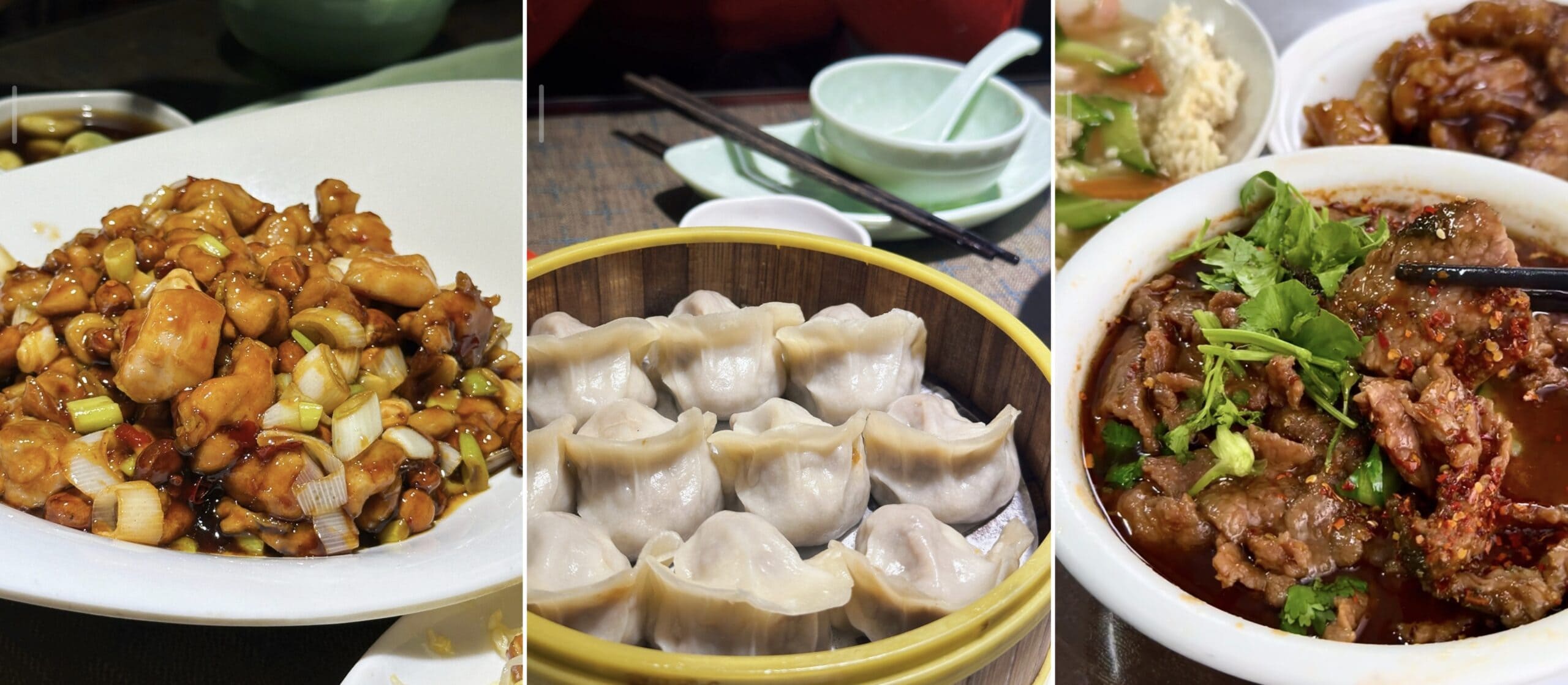 Meals, Beijing, Chinatravel, Left panel: plate of glossy kung pao chicken with onions and green peppers in a brown sauce. Middle panel: steamed dumplings in a bamboo steamer. Right panel: spicy beef hot pot with cilantro and chili oil in a white bowl.