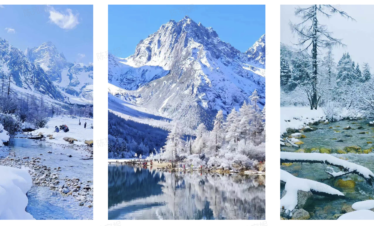 Bipenggou, 3-Days Explore Western Sichuan in Winter- Siguniang Mountain, Bipenggou, and Dagu Glacier, china tour, Triptych of winter landscapes: left panel shows a snow-covered valley with a clear stream and a small group of hikers in the distance among rocky banks and bare trees.