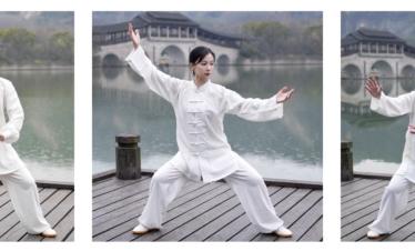 5-Day Wudang Mountain Tai Chi Retreat, hubei, china tour, Woman in a white tai chi uniform performing three tai chi poses on a wooden dock by a calm lake, with a traditional arched bridge in the background.