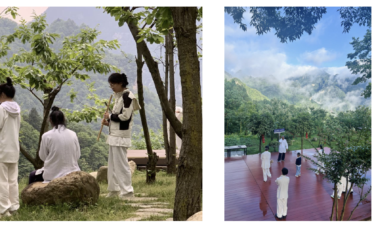 5-Day Wudang Mountain Tai Chi Retreat, hubei, china tour, Group of people in white clothing standing and sitting among trees on a hillside park, chatting and resting by large rocks.