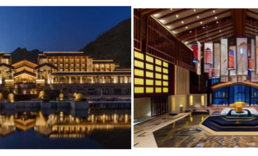 Mount Wutai, shanxi, china, china tour, Night exterior of a luxury hotel with a golden-lit facade and a reflecting water feature; right half shows a grand lobby with banners, a central fountain, and warm lighting.
