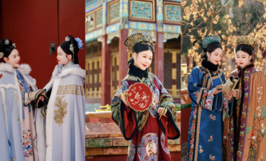 Hanfu Photoshoot, chinese traditonal dress-up, qing dynasty, beijing, female, china tour, Three women in ornate traditional Chinese outfits and elaborate headdresses posing in a historic palace setting.