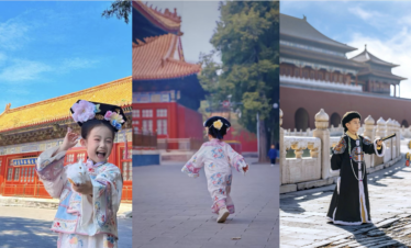 Hanfu Photoshoot, chinese traditonal dress-up for kids, qing dynasty, beijing, china tour, Three-panel collage of children in traditional Chinese outfits at a temple grounds: left girl laughing with a flower headpiece, middle girl walking away, right boy in ceremonial robe with a baton near historic architecture
