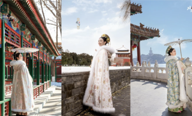 Hanfu Photoshoot, chinese traditonal dress-up, qing dynasty, beijing, female, china tour, Three women in ornate traditional Chinese outfits and elaborate headdresses posing in a historic palace setting., Triptych collage: a woman in an ornate fur-trimmed robe and headdress stands at colorful temple corridors, snowy wall, and a seaside balustrade with a distant pagoda.