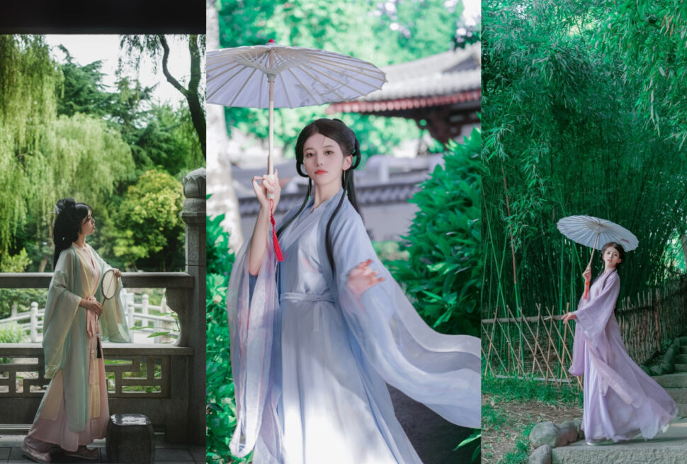 hanfu photoshoot, xi'an, female, solo, china tour, Woman in flowing pastel Hanfu holding a white parasol in a serene garden with stone railing and trees in the background (triptych collage).