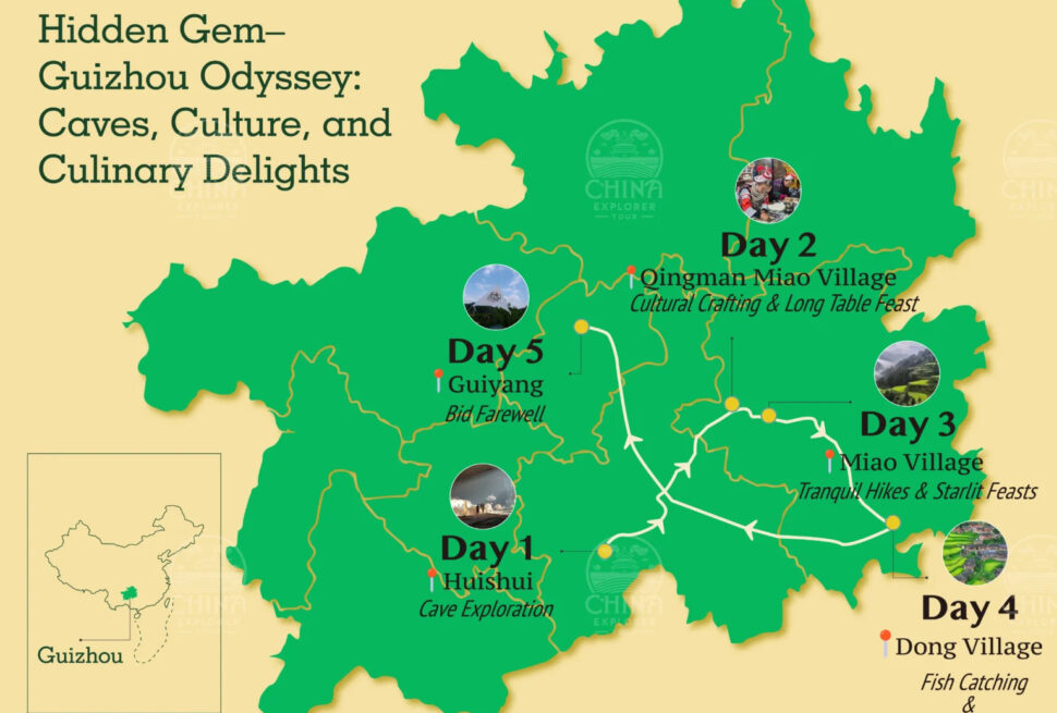 hidden gem of guizhou, china, chinaexplorertour, Map of Guizhou province showing a 5-day itinerary: Day 1 Huishui Cave Exploration, Day 2 Qingman Miao Village cultural feast, Day 3 Miao Village hikes, Day 4 Dong Village fishing and fire gathering, Day 5 Guiyang farewell.