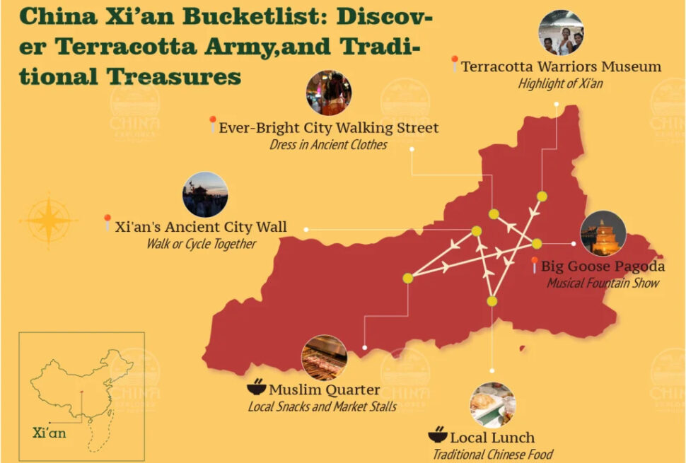 Map of Xi’an, china, chinaexplorertour, Map of Xi’an highlighting top attractions with icons: Ancient City Wall, Muslim Quarter, Ever-Bright Street, Terracotta Army, Big Goose Pagoda, Local Lunch, and a musical fountain show.