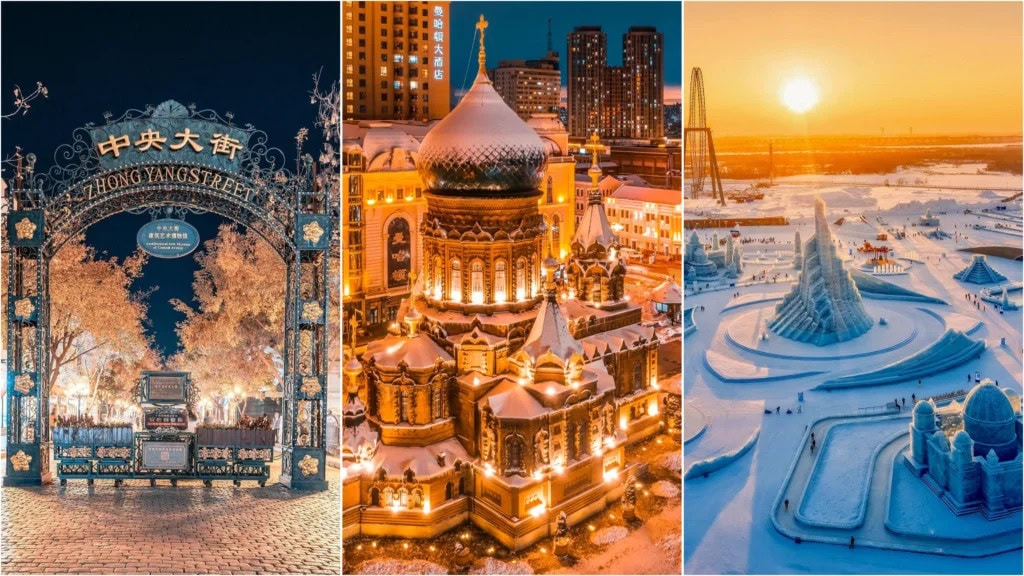 harbin, chinatravel, Triptych of winter city scenes: ornate arch gate on Zhongyang Street, a warm-lit onion-domed church, and a snow-ice sculpture park at sunset/blue hour.