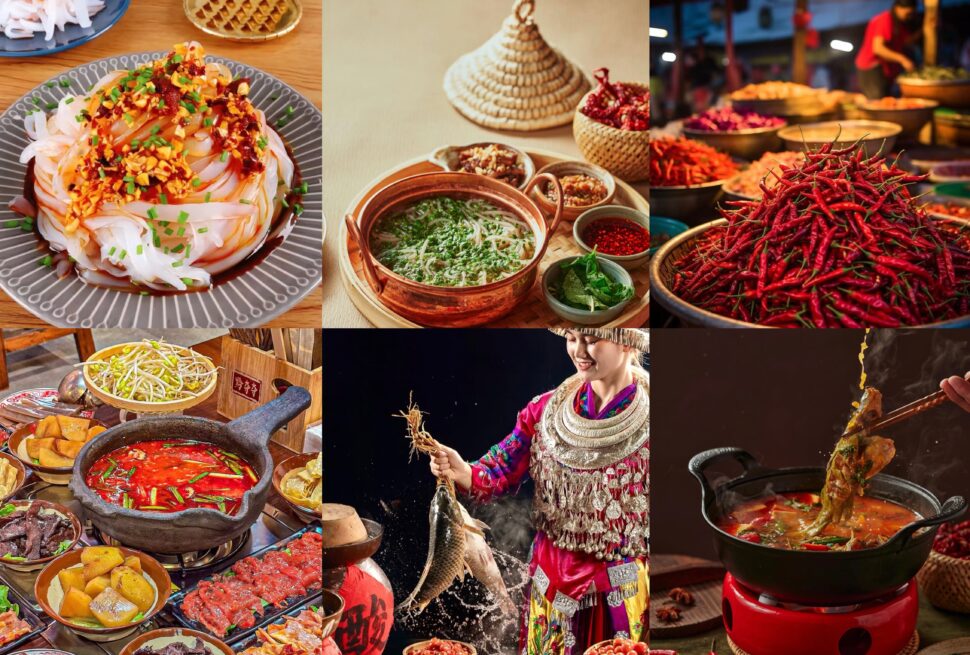 Guizhou’s Gastronomy, chinaexplorertour, Collage of Asian foods: chili noodles, hot pot, peppers, and a bustling street market scene with traditional-dress performer nearby.