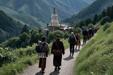 wutai mountain, shanxi, china, chinaexplorertour, Group of hikers with backpacks walks a stone path through green hills toward a distant white pagoda-stupa temple.