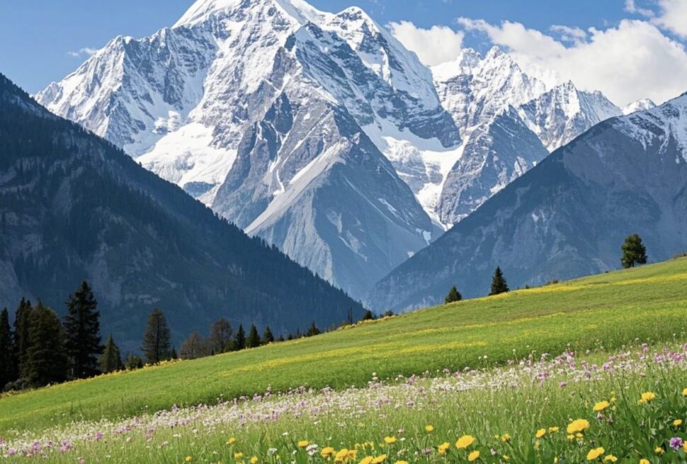 shangri la, yunnan, china, chinaexplorertour, Snowy mountain range rises behind a green meadow filled with yellow and white wildflowers under a blue sky.