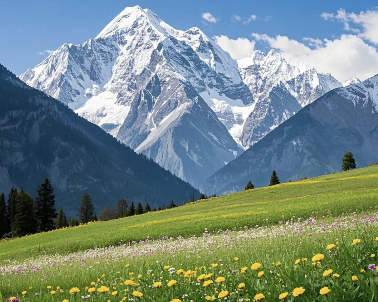 shangri la, yunnan, china, chinaexplorertour, Snowy mountain range rises behind a green meadow filled with yellow and white wildflowers under a blue sky.