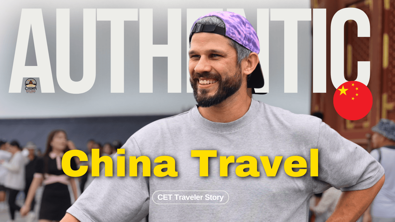 cet traveler story, china tour, Smiling man in a gray T-shirt and purple cap in a busy street; bold white 'AUTHENTIC' overlay with yellow 'China Travel' text and a Chinese flag badge nearby.