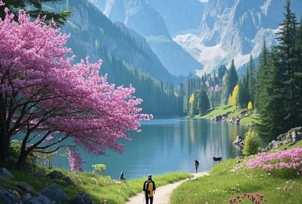 China's Most Breathtaking Spring Trails, chinaexplorertour, Alpine lake surrounded by pink flowering trees, green meadows, and mountains; a dirt path with hikers.
