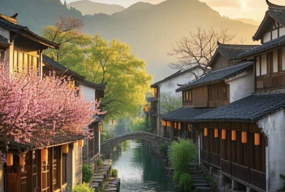 Ancient Towns This Spring, china, chinaexplorertour, Old town canal lined with traditional wooden buildings, cherry blossoms, and a stone arched bridge at sunset.