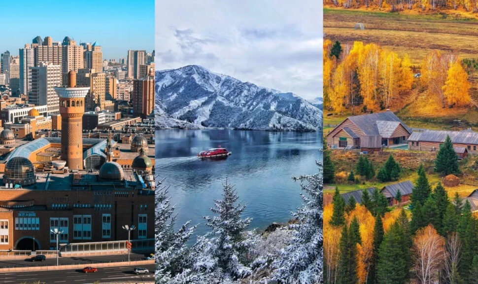 xinjiang, chinatravel, Triptych collage of a city skyline, a snow‑capped mountain lake with a red boat, and a rural autumn village with golden trees.
