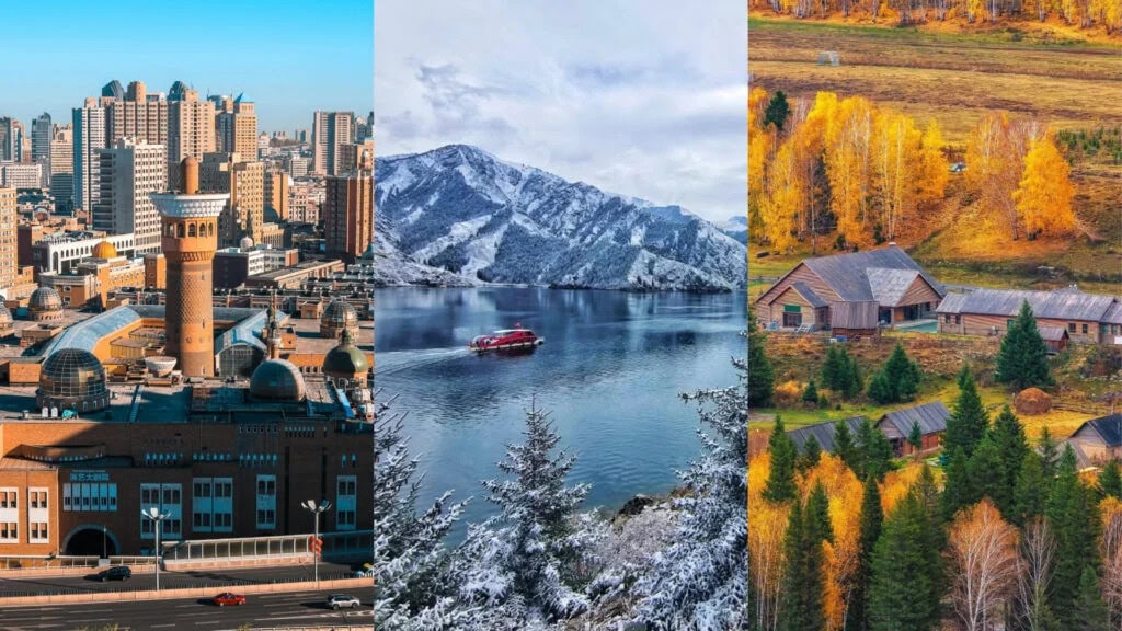 xinjiang, chinatravel, Triptych collage of a city skyline, a snow‑capped mountain lake with a red boat, and a rural autumn village with golden trees.