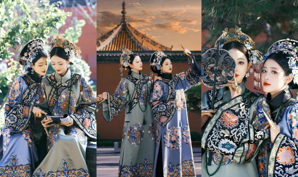 hanfu photoshoot, beijing, chinatravel, Three women in ornate blue and gray embroidered robes with traditional headdresses pose in a courtyard setting (collage).
