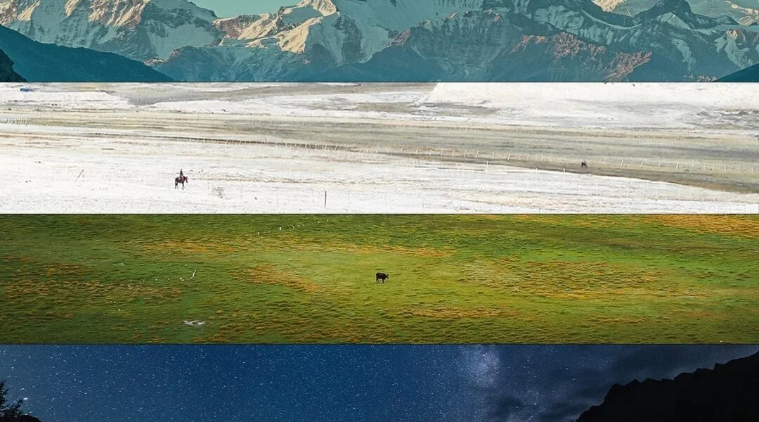 xinjiang, chinatravel, Composite image with four horizontal landscape panels: snow-capped mountains, salt flats with a rider on horseback, a green pasture with a lone cow, and a starry night sky.