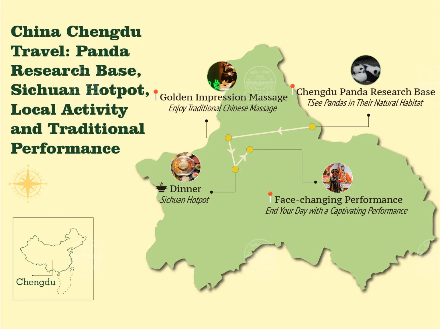 Chengdu travel map, chengdu, chinatravel, Infographic map of Chengdu travel highlights showing panda research base, Sichuan hotpot, traditional massage, and face-changing performance with routes and icons on a pale yellow background.