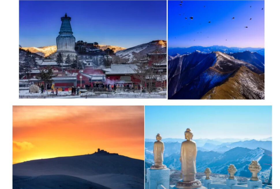 wutai mountain, wutai, chinatravel, Quadruple travel collage showing a snowy temple complex, blue-hour mountain ridge with birds, a sunset hilltop fortress, and Buddha statues overlooking distant mountains.