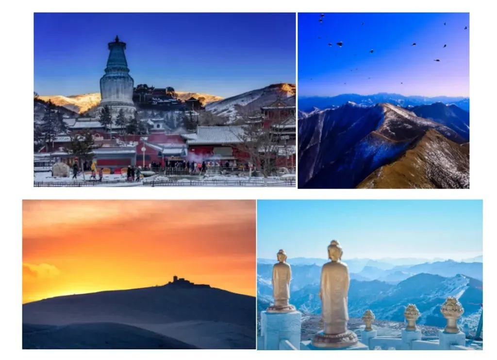 wutai mountain, wutai, chinatravel, Quadruple travel collage showing a snowy temple complex, blue-hour mountain ridge with birds, a sunset hilltop fortress, and Buddha statues overlooking distant mountains.