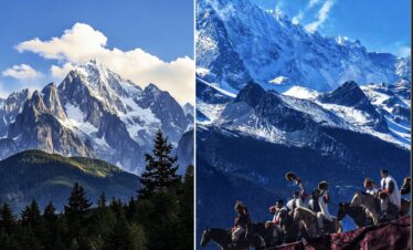 Jade Dragon Snow Mountain and Impression Lijiang, yunnan, chinatrip, Split image: left side snow-capped alpine peaks above forest; right side group of climbers on a snowy ridge under blue sky.