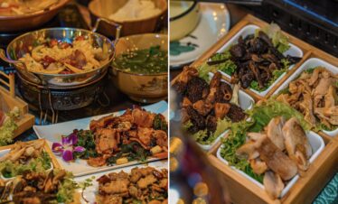 Naxi Cuisine, yunnan, chinatrip, Buffet spread with assorted hot dishes in metal and wooden bowls, including meat, vegetables, and greens.
