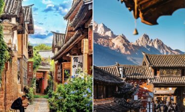 Shaxi Ancient Town and Baisha Old Town, yunnan, chinatrip, Two-panel image: left shows a narrow Chinese village street with tiled roofs, banners, and a man sitting on a bench; right shows a busy traditional street with wooden buildings and distant mountains under a blue sky.