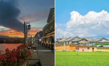 Shuanglang and Xizhou, yunnan, chinatrip, Split-screen collage: left panel shows a riverside street at sunset with lit outdoor cafes and lanterns, right panel shows a bright village with orange walls, tiled roofs, and a green field under a blue sky with clouds