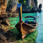 Traditional Thai longtail boat moored on clear turquoise water near rocky cliffs and green foliage.