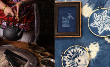 Tie-dye, yunnan, chinatrip, Person in traditional clothing pours hot tea from a clay teapot over a circular hearth, with bowls and ingredients on a wooden table left side.