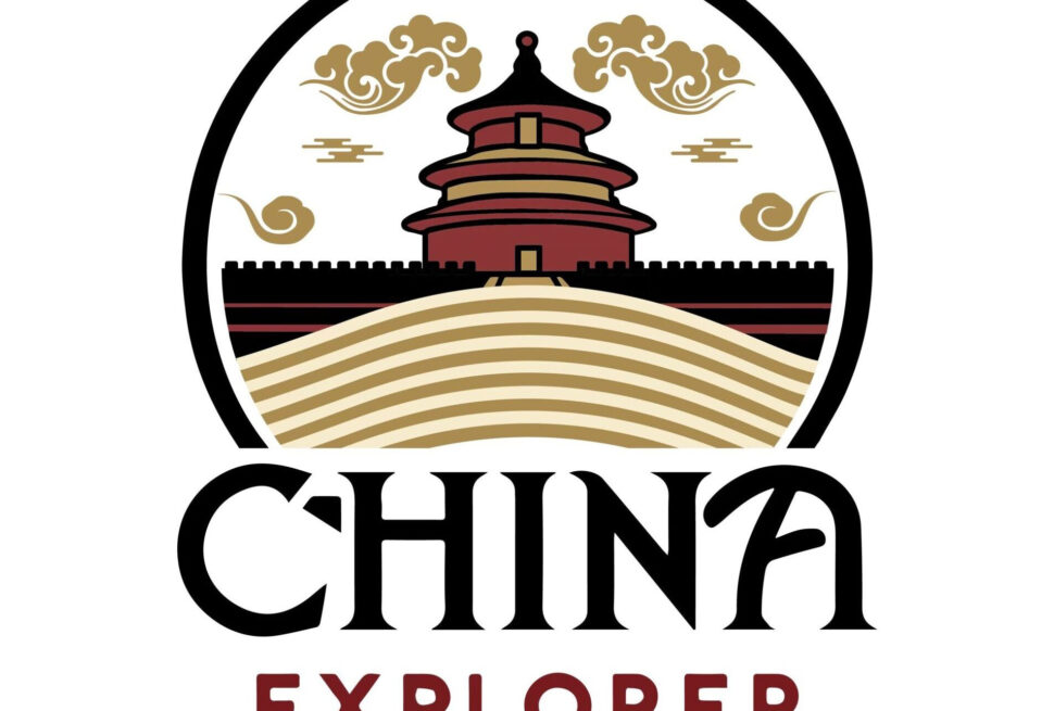chinaexplorertour logo, chinatrip, China Explorer Tour logo: circular frame with a red pagoda, wall, gold hills, and the text CHINA EXPLORER TOUR