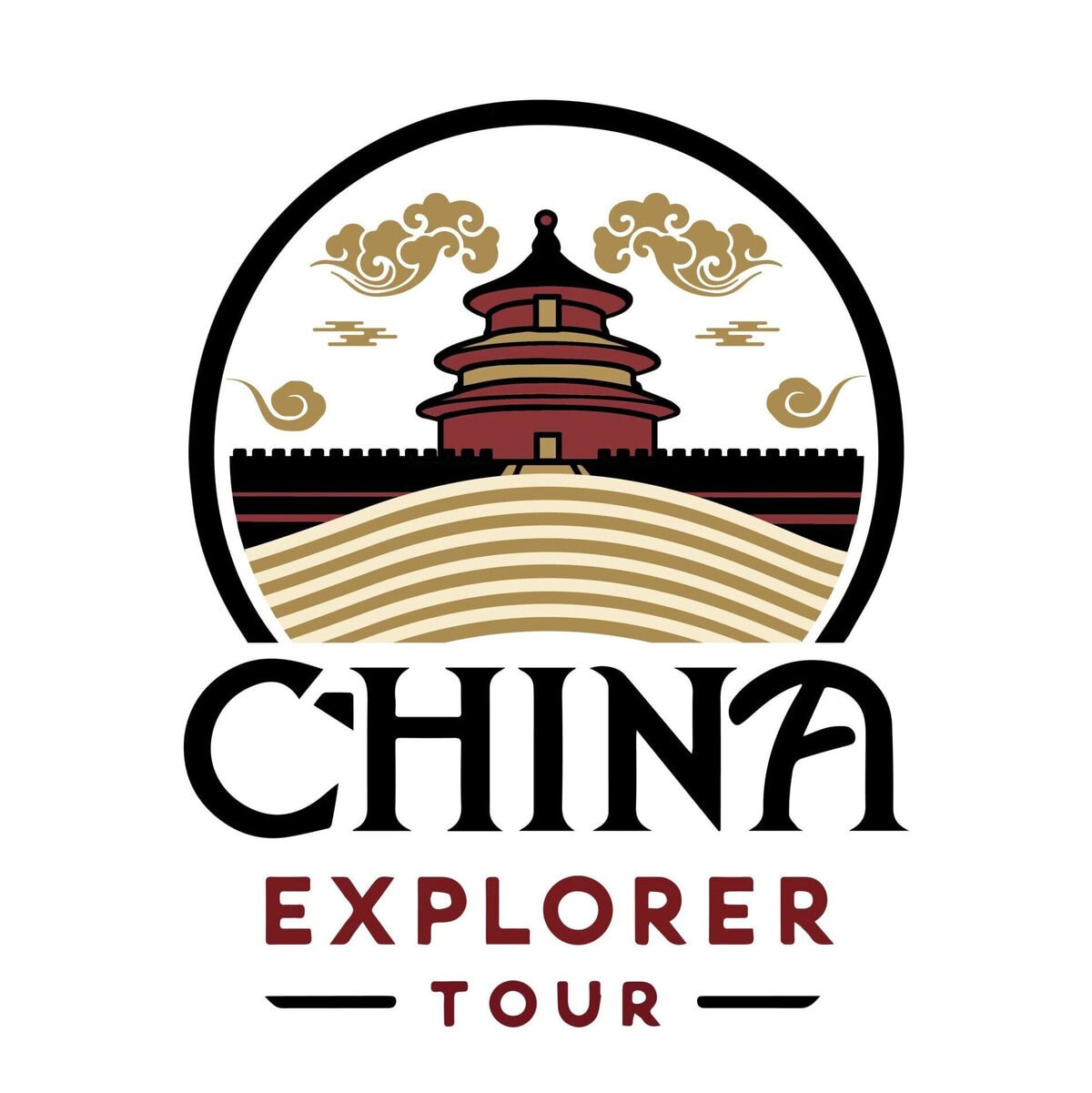 chinaexplorertour logo, chinatrip, China Explorer Tour logo: circular frame with a red pagoda, wall, gold hills, and the text CHINA EXPLORER TOUR