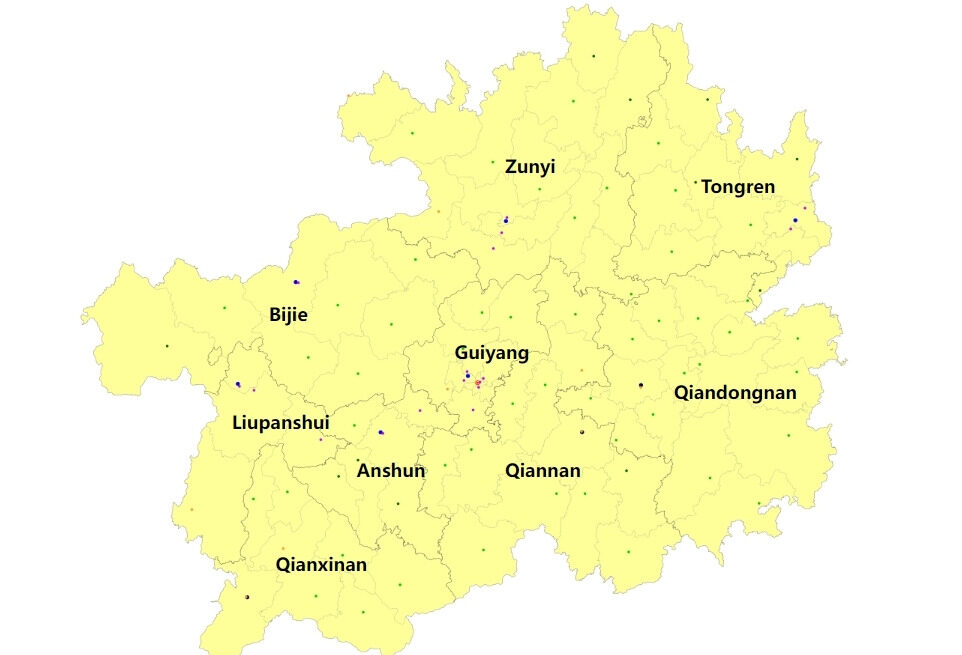 guizhou map, chinatrip, Map of Guizhou Province, China, showing major prefectures labeled (Zunyi, Tongren, Guiyang, Qiandongnan, Qiannan, Qianxinan, Bijie, Liupanshui, Anshun).