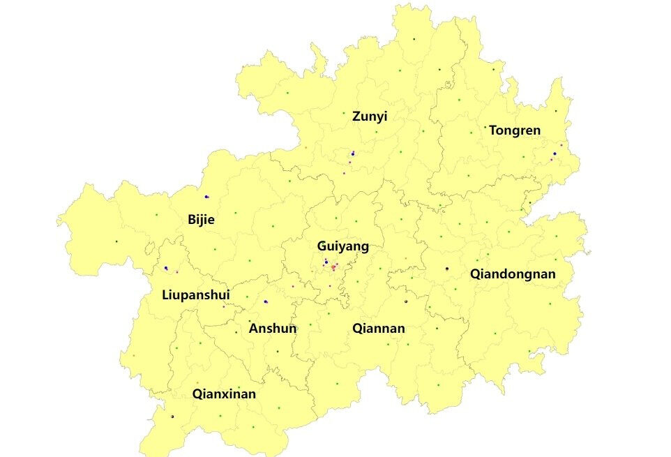 guizhou map, chinatrip, Map of Guizhou Province with yellow districts and labeled prefectures: Guiyang in the center, Zunyi, Tongren, Bijie, Liupanshui, Anshun, Qiannan, Qianxinan, Qiandongnan