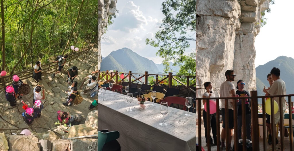 guizhou cave, chinatrip, A group of people wearing colorful hats and balloons gathers on stone steps in a forested area, as if at a celebration.
