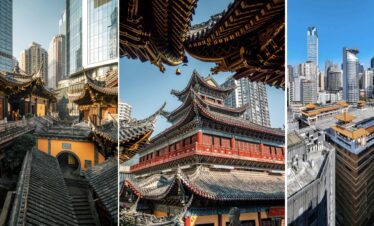 chongqing day tour, chinatrip, Triptych of city scenes: left shows a traditional Chinese temple with glass towers behind; center focuses on ornate temple roofs; right a dense skyline of high-rises.