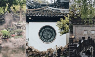 Yuyuan Garden, shanghai, chinatrip, Triptych of a Chinese garden: misty pond with rocks and bonsai, a curved tiled roof, and a stone wall.