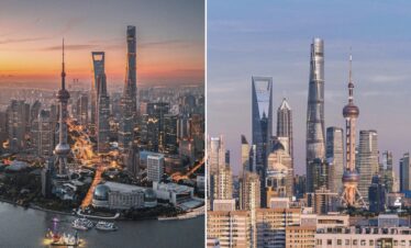 Shanghai The Bund, chinatrip, Split view of Shanghai skyline: left shows sunset over the Bund with iconic towers and riverfront; right shows a blue-sky daytime skyline with tall skyscrapers.