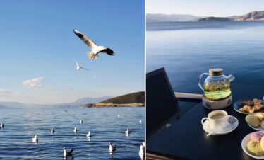 Dali Erhai Lake, yunnan, chinatrip, Wide split image: left shows calm blue sea with seagulls and mountains under a clear sky; right shows a breakfast spread on a patio table overlooking water and mountains.