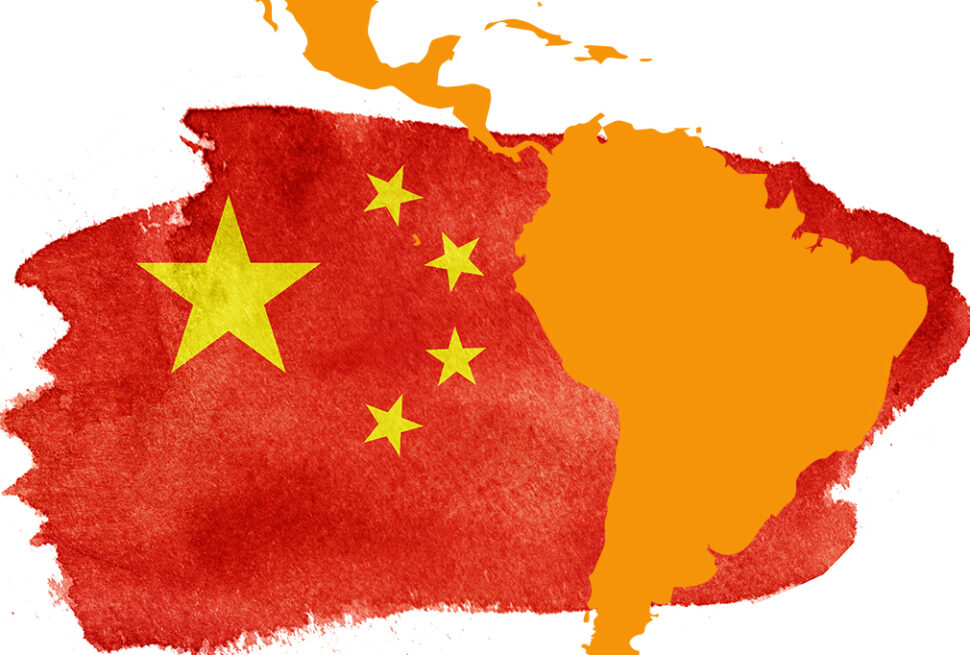 china visa free, china travel, chinatrip, South America map painted red with a Chinese flag motif (yellow stars) and Brazil highlighted in orange on the east side.