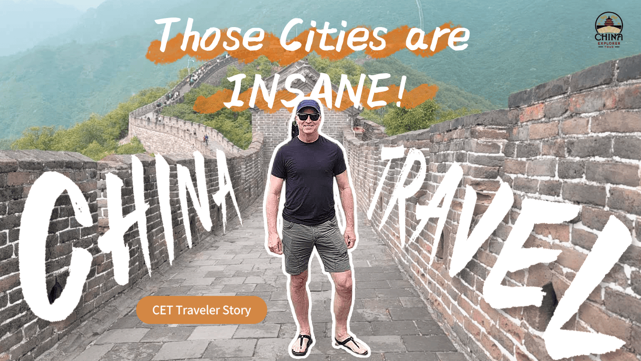 the great wall, beijing, china travel, chinatrip, Man on the Great Wall of China with bold white text overlays: 'Those Cities are INSANE!' and an orange CET Traveler Story badge in the foreground.