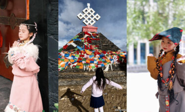 tibet school trip, chinatrip, Three-panel collage: left shows a girl in a pink traditional dress with floral headband praying by a doorway; center features a stone pyramid wrapped in colorful prayer flags under a cloudy sky; right shows a young girl in traditional attire with braided hair and a cap, raising her hands outdoors.