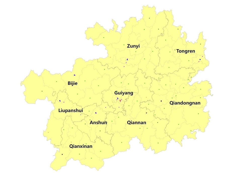 Magnificence of Guizhou ,Chinatour Map of Guizhou Province, China, with labeled prefectures (Guiyang, Zunyi, Tongren, Bijie, Anshun, Liupanshui, Qiannan, Qiandongnan, Qianxinan) and small markers showing locations.
