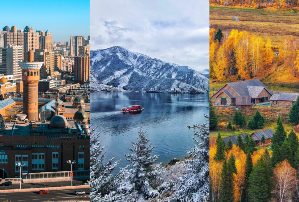 Triptych: city skyline on the left, snowy mountains and lake in the center, and an autumnal rural village on the right.
