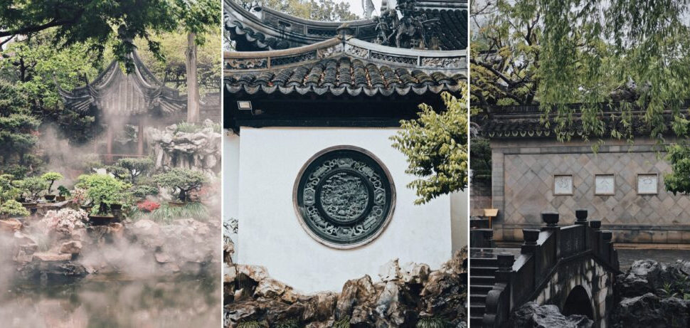 Three-panel Chinese garden: misty pond with rocks and plants, a circular carved window, and a stone bridge over water.