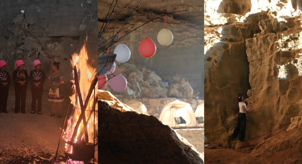 Guizhou's Hidden Gems,Chinatour Triptych: left shows a group gathered around a campfire at night, middle features pastel lanterns hanging above tents in a rocky campsite, right shows a person climbing a rock face.