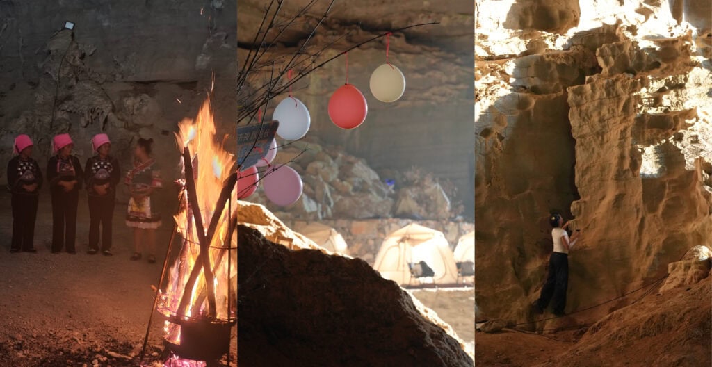 Guizhou's Hidden Gems,Chinatour Triptych: left shows a group gathered around a campfire at night, middle features pastel lanterns hanging above tents in a rocky campsite, right shows a person climbing a rock face.
